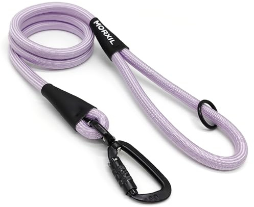 MORXIL Rope Dog Leash, 4 ft Heavy Duty Dog Leash with Aviation Aluminum Auto Locking Carabiner, Strong Nylon Pet Lead for Small, Medium, Large Dogs (Purple, 4FT)