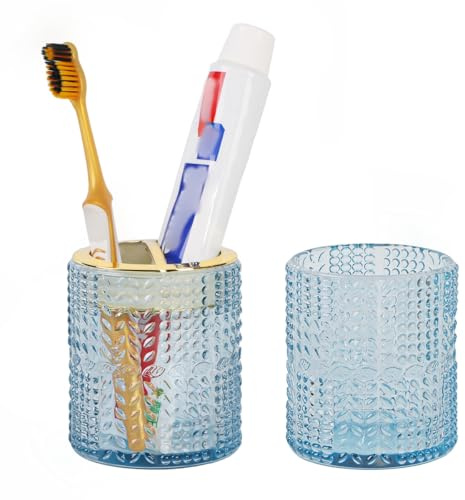Fvstar Blue Toothbrush Holder, Glass Toothbrush Holder with Gold Divider, Bathroom Tumbler Cup and Tooth Brush Cup Storage Organizer for Toothpaste, Brushes, Razor