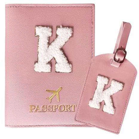 ZVRSUA Reisepasshülle Rosa und Kofferanhänger Set mit Buchstabe K, Passport Hülle Reise Gadgets und Travel Essentials Hülle Reisepass,Geschenk für Frauen/Teenager/Mädchen/Kind(K)