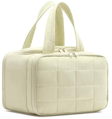 VIROTEE Reise-Kulturbeutel, Puffy weit offen, gesteppt, Make-up-Tasche für Damen, leichte Kosmetiktasche, Organizer mit Griff für Reisen, Zubehör, wichtige Toilettenartikel, beige, Puffy, gesteppt