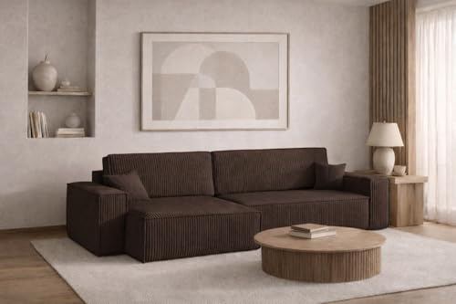 Kaiser Möbel - Ecksofa mit Schlaffunktion und Bettkasten, Schlafsofa mit Bettzeugbehälter, Wohnlandschaft L-Form, Klappsofa, Relaxsofa, Cordstoff, Bequemes Couch für Wohnzimmer, Best XL, Braun, Links