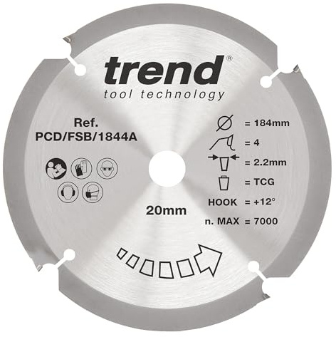 Trend Kreissägeblatt aus PCD-Faserzement, 184 mm Durchmesser, 20 mm Bohrung, 4 Zähne, 2,2 mm Schnittfuge, +12° Haken, PKD, grobe Oberfläche, PCD/FSB/1844A