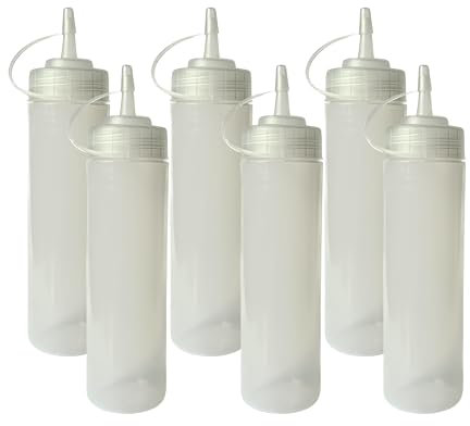 HR Hogar - Botella de Salsas Squeeze, 6 unds 250 mL - Hecho en España - Botellas Exprimibles Reutilizables y Reciclables - Sin BPA, Tapón Antifugas, Dispensador de Salsas y Condimentos (Transparente)