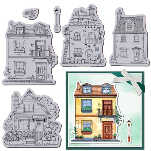 GLOBLELAND Haftstempel Aus Gummi 8.7X7 Haus Architektur Cottages Bäumen EVA Haftstempeln Straßenlaternen Vogel Stempelset Für Die Kartengestaltung Fotoalbum Dekoration Dekoration Scrapbooking
