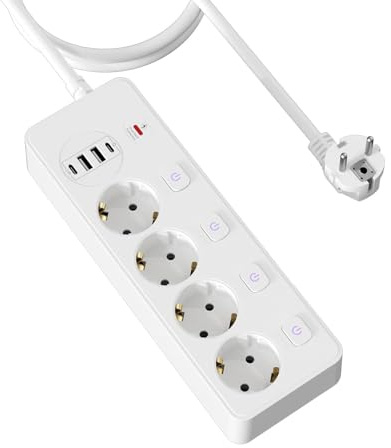 Steckdosenleiste mit 4 Schuko Steckdosen, 2 USB-A & 2 USB-C Ports, Mehrfachsteckdose mit Individuellem Schalter, Steckdosenstecker mit Überspannungsschutz für küche Tischplatte Home, Office, Weiß