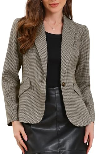 Allegra K Blazer de travail vintage pour femme, motif pied-de-poule, revers cranté à un bouton, veste de costume de bureau, marron, S