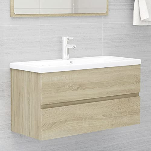 Gecheer Mobile da Bagno,Sospeso,Pensile,a Muro,Moderno,senza Rubinetto e Scarico,con Lavabo Lavandino Integrato,in Legno Multistrato,Rovere Sonoma 90x38,5x45 cm