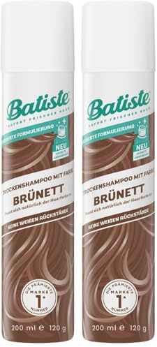 Batiste Trockenshampoo Brünett 200 ml, Dry Shampoo zum Auffrischen und Stylen der Haare, Haarpflege Spray für dunkles Haar, Ohne Rückstände, Ohne Ausspülen, Haarstyling mit Farbeffekt (Packung mit 2)