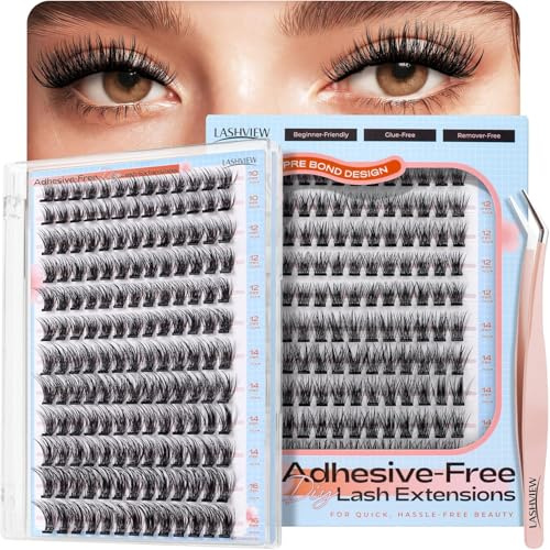 LASHVIEW Self Adhesive Eyelashes,Press On 156Pcs No Glue Needed Lash Clusters Includes Clusters 1 Applicator Easy to Apply Self Application at Home DIY Eyelash Extension Kit N06 10-16mm(ZBP06-N)