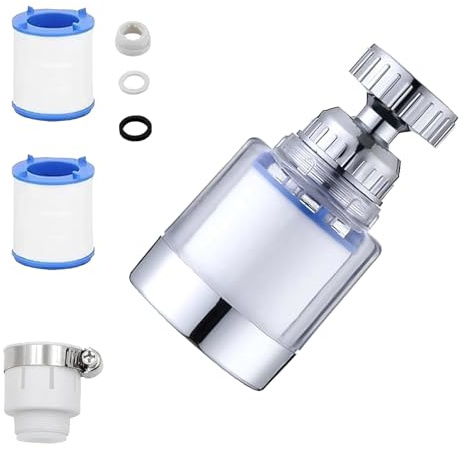 Wasserhahn-Halterungsfilter mit 2 Filterkartuschen und Universal-Wasserhahn-Anschluss-Adapter, um 360 Grad drehbarer Spültisch-Wasserhahn-Filter, Kohlen-Wasserfiltrations-Wasserhahn-Kartusche
