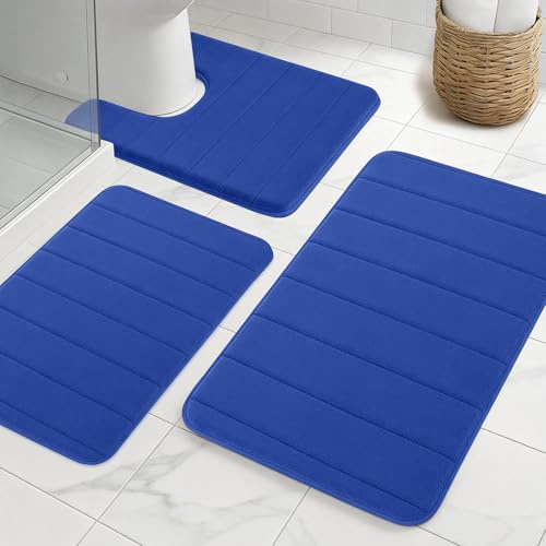 NAKIHOUSE Lot de 3 tapis de salle de bain en mousse à mémoire de forme épaisse, antidérapant, absorbant, lavable, doux, séchage rapide et tapis de toilette en forme de U pour douche, WC et baignoire