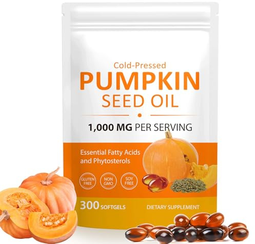 Pumpkin Seed Oil Capsules, 300 Softgels, Pumpkin Seed Extract No Additives, Cold Pressed, 2-in-1 Formula, Rich in Zinc & Omega Fatty Acids, Non-GMO, Naturally Sweetened Vegan