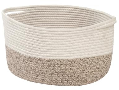 Pomodee Cesta de Almacenaje Tejida,Cestas de Almacenamiento de Cuerda de Algodón Trenzada,Canasta de Cuerda de Algodón con Asa para Salones,Dormitorio,Baño,Cocina,34 x 28 x 24 cm,Blanco - Marrón
