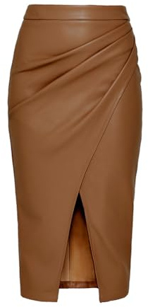 SUNYUESTAR Women's Faux Leather Midi Skirt Fall Winter High Waisted Wrap Ruched Bodycon Slit Sexy Skirt(Brown, S)