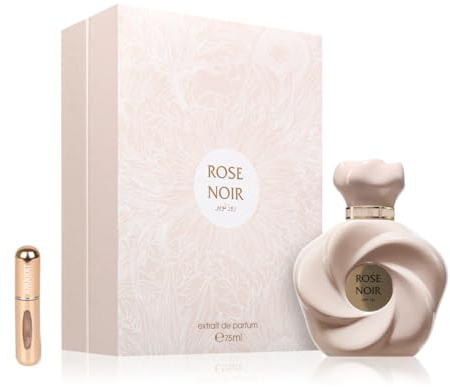 Rose Noir Extrait de Parfum 75 ml, Perfume Árabe para Mujer de Larga Duración, Incluye Atomizador Recargable 5ML, Fragancia con Rosa Oscura, Ámbar y Almizcle, Intenso y Elegante (Rose Noir)