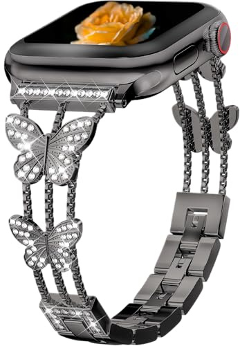 Diamond Butterfly Metal Band Compatible with Apple Watch Ultra3/2/1 SE3/2/1 Series11/10/9/8/7/6/5/4/3/2/1 Bracelet Luxe à Strass pour Femme pour 38/40/41/42/44/45/46/49mm - Noir