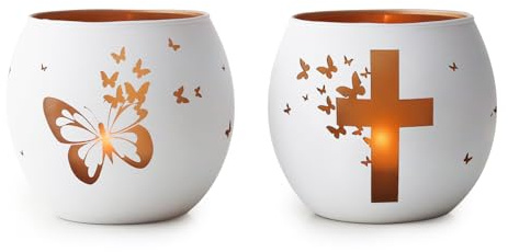 Lot de 2 photophores religieux pour homme et femme, motif croix papillon, baptême, confirmation et souvenir commémoratif – Centre de table de Pâques blanc et décoration spirituelle