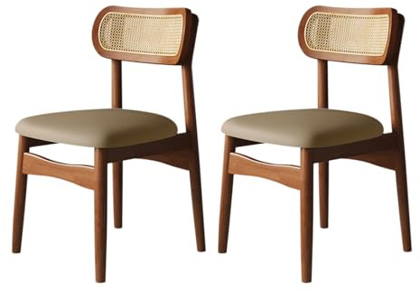 Juego de 4 sillas de comedor de nogal caqui, respaldo cómodo tejido de ratán resistente a los arañazos, tapicería de cuero para cocina, comedor, sala de estar, sala de estudio
