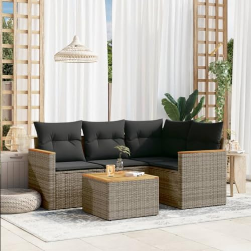 Ziaphsol 5-TLG. Garten-Sofagarnitur, Grau Poly Rattan Loungeset mit Kissen, Akazienholz Tischplatte, Modulares Design, UV-beständig, für Terrasse, Balkon, Außenbereich