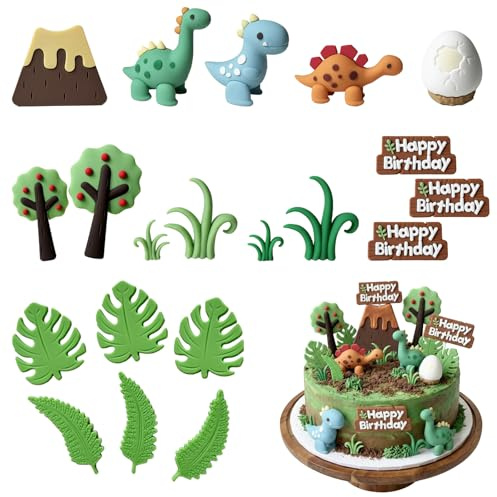 20Pcs Dinosaur Cake Toppers, 3D Dino Cake Decorations DIY Happy Birthday | Dinosaur Eggs Leaves Grasses with Happy Birthday Sign Cake Toppers for Safari Animal Themed Birthday Party Supplies