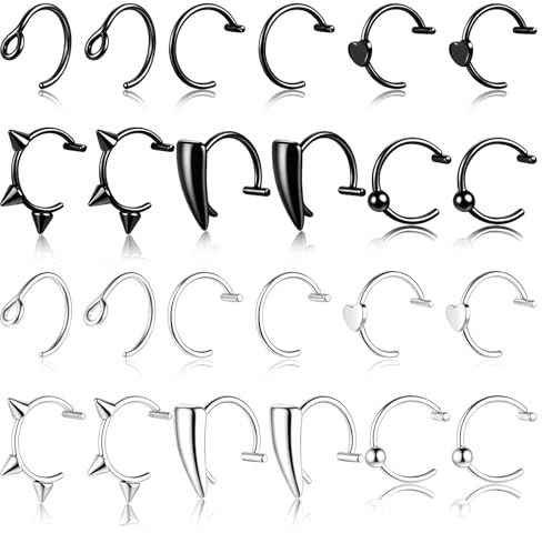 24 Stück 3D Fake Lippenpiercing, Edelstahl Fake Piercing, Unisex Nasenpiercing Nase Ring, Ideal für Partys und Alltag-Silber Schwarz