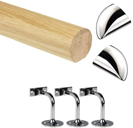 Jackson Woodturners Oak Mopstick Handrail Kit with Chrome Wall Brackets & Fusion End Caps – Stair Support Rail (2400mm + x 3 Wall Brackets)