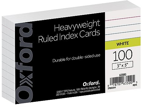 Oxford Heavyweight Ruled Index Cards, 3 x 5, White, 100 Per Pack (63500)