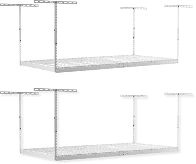SafeRacks Overhead Garage Storage Rack, Heavy Duty Racks for Garage w/ 600 lb Capacity, Easy Garage Storage Adjustable Storage Rack Ceiling Mount Storage for Garage 4x8 White, 24-45 (2 Pack)