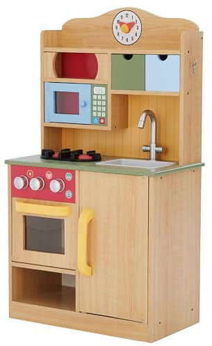Teamson Kids Little Chef Florence Classic Interactive Wooden Play Kitchen with Accessories and Storage Space for Easy Clean Up, Wood Grain with Red and Yellow Accents