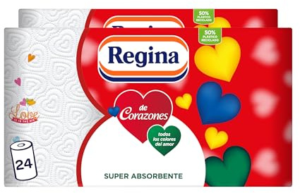 Regina Di Cuori - 24 rotoli di carta da cucina, massima assorbenza su ogni foglio, 85 fogli a 3 strati per rotolo, colore decorato, rotolo grande, 65 g