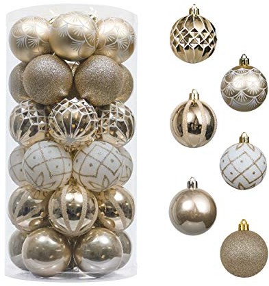 Valery Madelyn Weihnachtskugeln 30 TLG. 6cm Christbaumkugeln Weihnachtsbaumschmuck Bruchsicher Plastik Weihnachten Deko mit Anhänger für Party Weihnachtsdeko Elegant Thema Weiß Gold