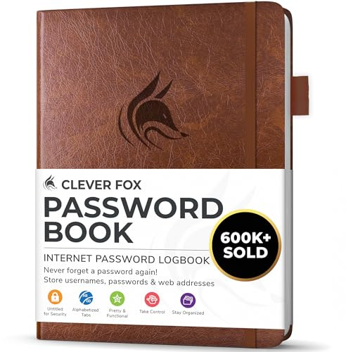 Clever Fox Passwortbuch mit Registerkarten, Kleines, Braun | Adress- und Passwort-Organisationsbuch mit alphabetischen Registerkarten - Passwortbuch für Computer- und Website-Logins