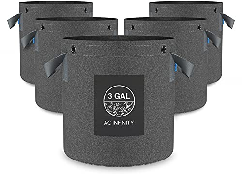 AC Infinity Heavy Duty Fabric Pots, 11 Liter Aeration Reusable Grow Bags 5-Pack 500G Thick Nonwoven Fabric and Multi-Purpose Rings for Low Stress Plant Training Fruits Vegetables and Flowers 3 Gallon