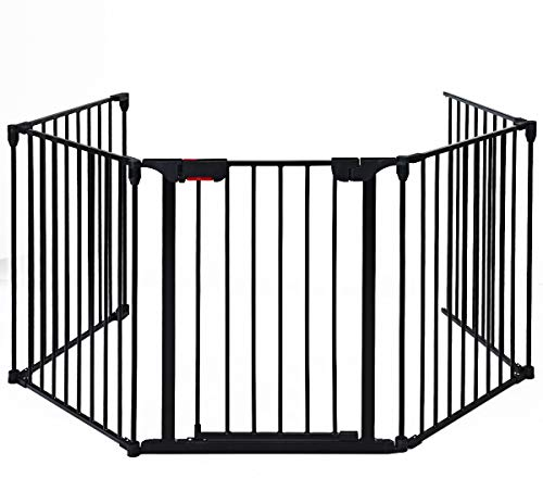 DREAMADE Kaminschutzgitter Metall, 5 Elemente, Ofenschutzgitter Faltbar, Konfigurationsgitter mit Sicherheitstür, Gesamtlänge 304,5cm (Schwarz)