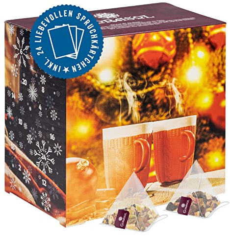 Corasol Tee Adventskalender 2025 für Zwei Paare & Pärchen mit liebevollen Spruchkärtchen & 2 x 24 fruchtigen Teemischungen im Pyramidenbeutel