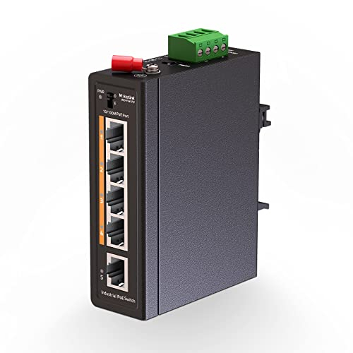 MokerLink 5 Port PoE Industrial Din Rail Switch, 4 Ports PoE+ IEEE802.3af/at, 1 Uplink, 10/100Mbps Fast Ethernet, Metal DIN-Rail & Wall Mount