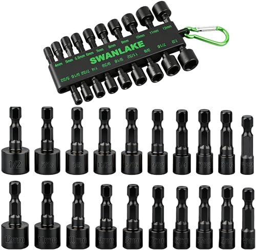 SWANLAKE - Juego de 20 destornilladores de tuerca eléctrica para taladro de impacto, juego de brocas de cabeza hexagonal de 1/4 pulgadas SAE y métricas