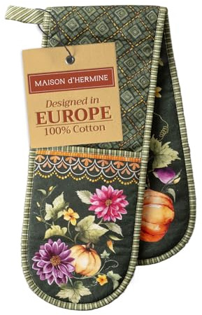 Maison d' Hermine Double Oven Mitts 100% Double Cotton Oven Glove 18 x 89cm | Heat Resistant BBQ Cooking Gloves with Loop Baking Kitchen Home Hotel Thanksgiving Christmas - Pumpkin Garden - Dark Green