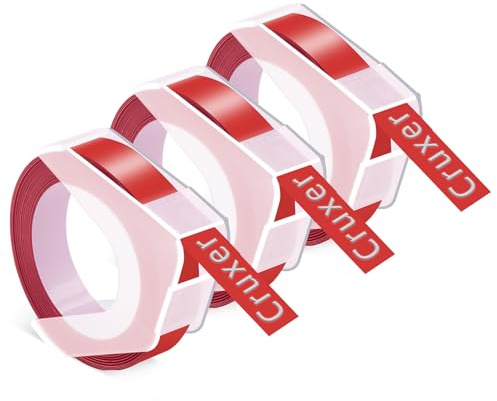Cruxer Lot de 3 rouleaux de ruban de gaufrage autocollant Dymo Omega - 9 mm x 3 m - Blanc sur rouge - Pour étiqueteuses Dymo Omega Junior