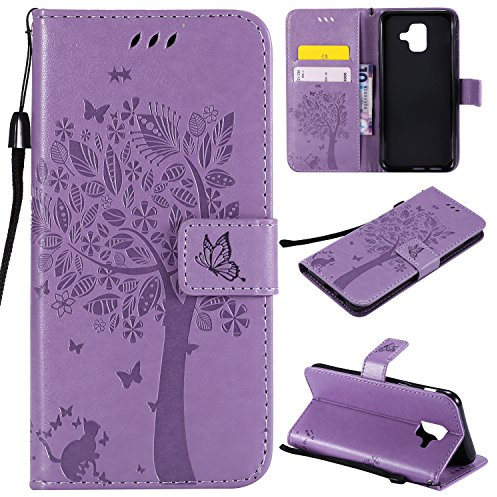 Fatcatparadise Kompatibel mit Samsung Galaxy A6 2018 Hülle, Handyhülle Samsung A6 2018, Prägung Muster Schutzhülle PU Leder Wallet Case Klappbar Flip Hülle Brieftasche Ledertasche (Lavendel)