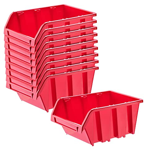 KADAX Werkstatt-Stapelkiste, Stapelbox aus PP Kunststoff, Sichtlagerbox in verschiedenen Größen, Lagerboxen für Werkzeugswand, Sichtlagerkasten, Sortierbox (Rot 10 Stück, 490x298mm)