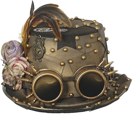 BLESSUME Sombrero de Copa Steampunk con Gafas para Carnaval, Halloween, Fiesta Temática (M, Bronce 5)