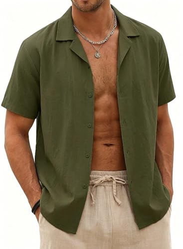 Halfword Camisa Lino Hombre Manga Corta Verano Casual Coton Botones Camisa Suelta Playa Boda Blanca Shirt Verde L