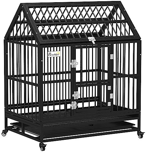 PawHut 43 Heavy Duty Dog Crate, Indoor Outdoor Dog Cage on Wheels with Locks, Removable Tray, Openable Top, 2 Doors, for Large and Extra Large Dog - Black