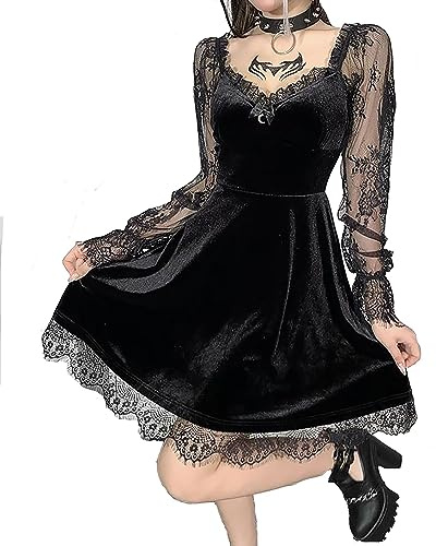 COSAUG Abito da donna in pizzo a maniche lunghe nero drappeggiato Bodycon Gothic Vintage Abiti Rave, a, M