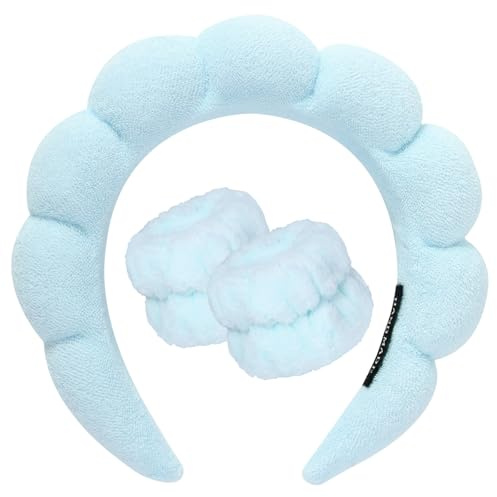 DRESHOW Spa para Lavarse la Cara Set de Muñequeras Esponja de Rizo Suave Maquillaje Cuidado de la Piel Diadema Antideslizante para Mujer