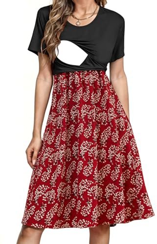 Abito estivo da donna per allattamento e gravidanza, a maniche corte, stile patchwork, con tasche, S