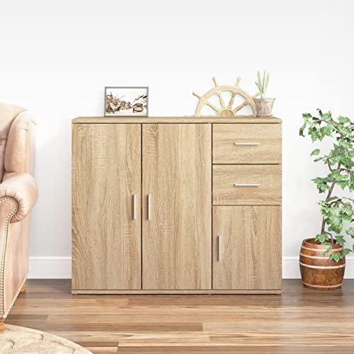 IKAYAA Aparador Salón y Cocina, Mueble Auxiliar de Entrada, Aparador de Almacenaje, Aparador Auxiliar, Mueble de Almacenamiento de Salón con 3 Puertas, 2 Cajones, Roble Sonoma, 91 x 29,5 x 75 cm