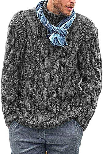 Runcati Knitted Mens Jumper Cable Knit Sweater Long Sleeve Ribbed High Neck Winter Pullover Thick Knitwear, Grey, M