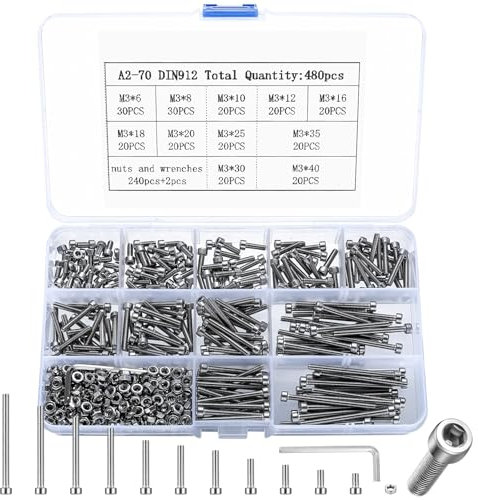 480 Pezzi M3 Viti Bulloni e Dadi Set, Dadi e Bulloni a Testa a Esagonale Bussola, Viti a Esagono Incassato in Acciaio Inox, Vite a Testa Brugola per Riparazione Fai Da Te Bicicletta Moto